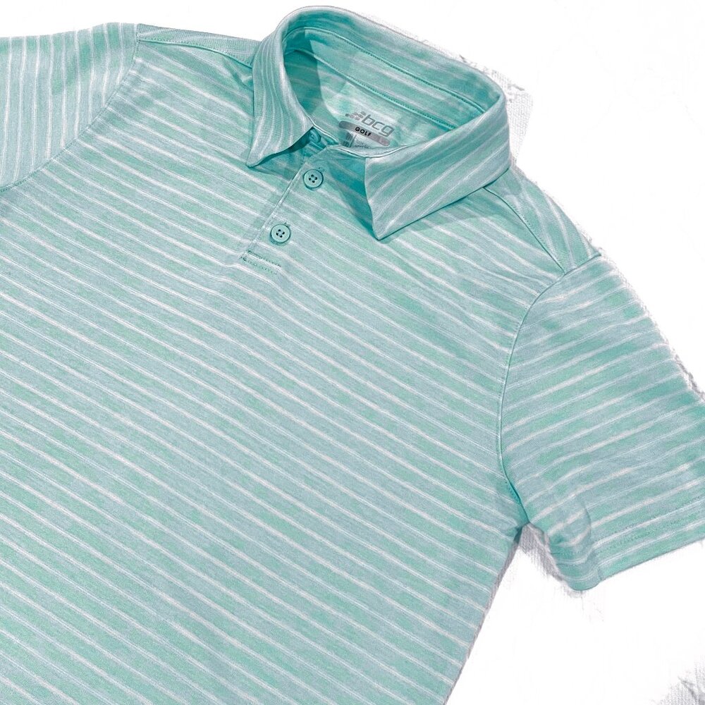 bcg Aqua and White Stripe Performance Polo Shirt Boys Size Medium 10-12